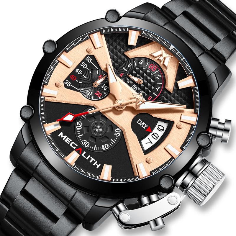 

Wristwatches Wholesale Price MEGALITH Watches Men Waterproof Chronograph Black Stainless Strap Quartz For Relogio Masculino 8219, Blue