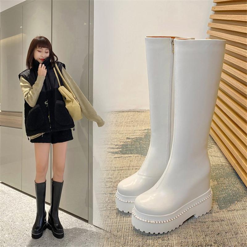 

Boots PXELENA Genuine Leather Hidden Wedge Heels Thick Platform Knee High Punk Rock Gothic Creepers Zip Winter Warm Shoes 34-41, Black