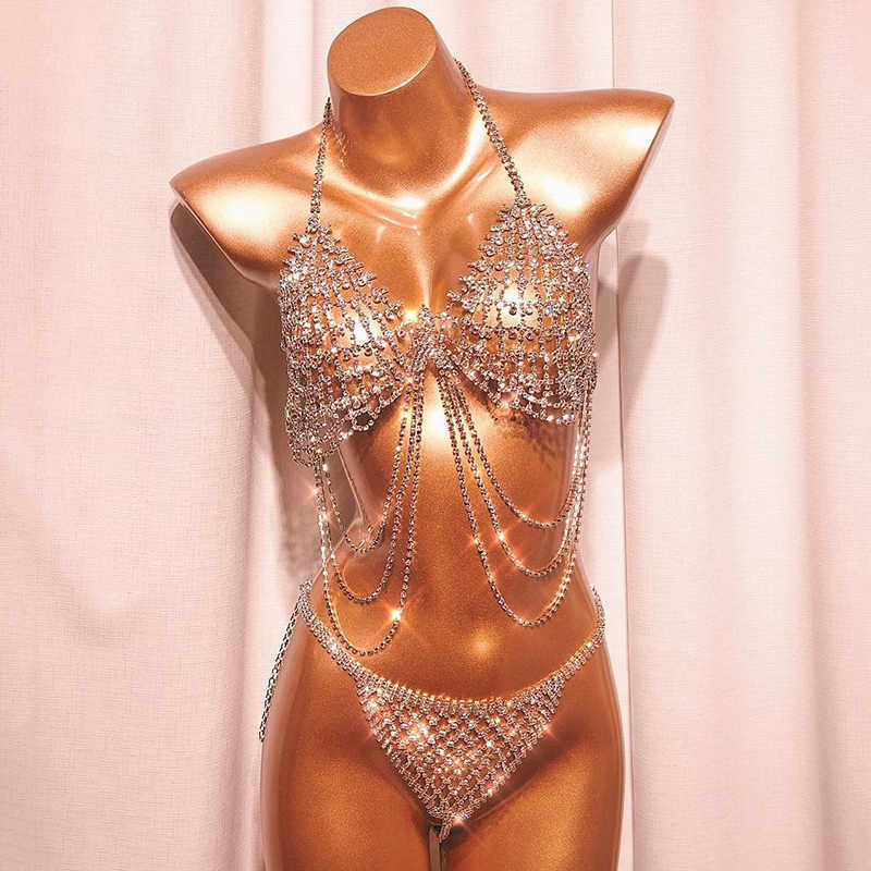 

Sier Shiny Rhinestone Two Piece Set Tassel Low Cut Backless Grid Crop Top Diamonds Sexy Hot Panty Women Party Matching Sets Q0527, Gray