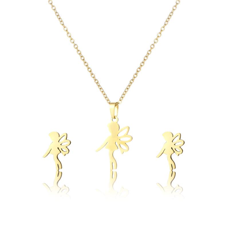 

Earrings & Necklace Trendy Luxury Stainless Steel Fairy Angel Pendant Chain Stud Earring For Women Party Gold Color Fashion Jewelry Set, Silver