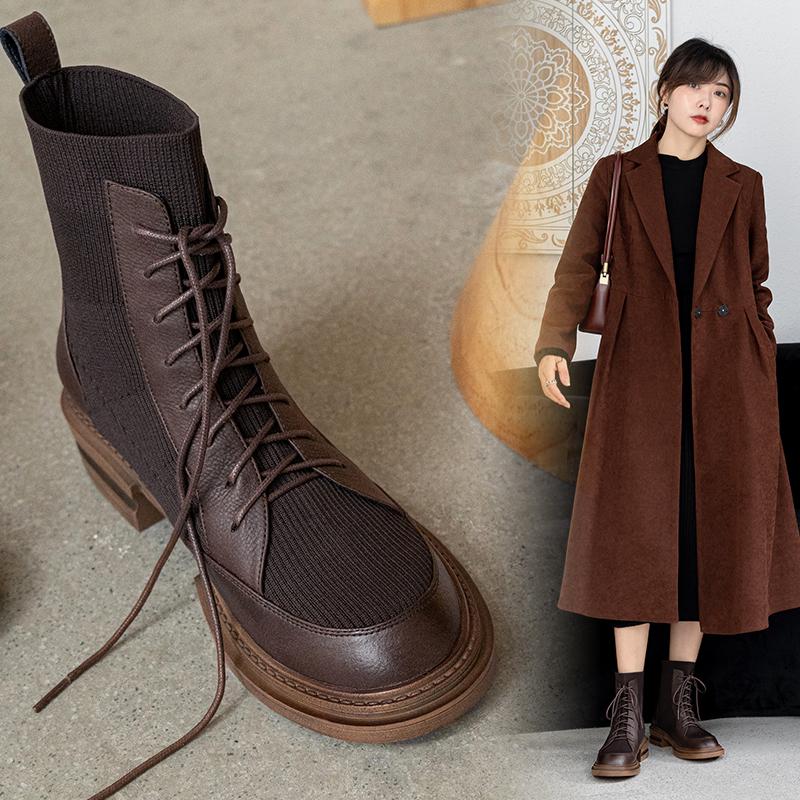 

Boots Women Ankle Genuine Leather 22-25cm Cowhide Upper+knitted Boot Tube Tooling Stretch Thin Skinny Platform Shoes, Black