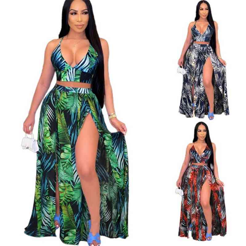 

Summer women' sexy suspender vest print swing two piece beach skirt suit, Taupe