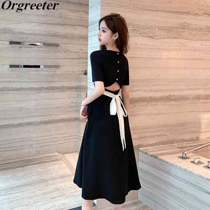 

Summer Women's Vintage Hepburn Style Hollow waist Square Solid Dress Back Single-breasted Sashes Bow Casual 210525, Blue