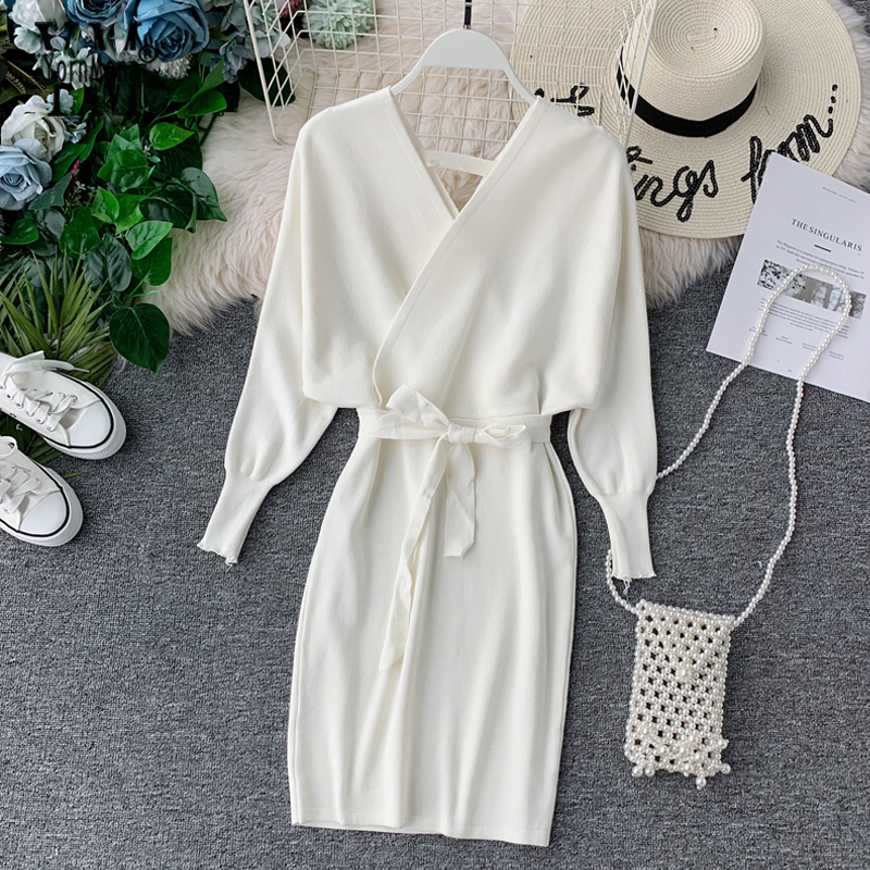 

YornMona Elegant Batwing Sleeve V Neck Knitted White Dress 2021 Autumn Winter Vintage Women Dress Sash Ladies Office Dress, Brown