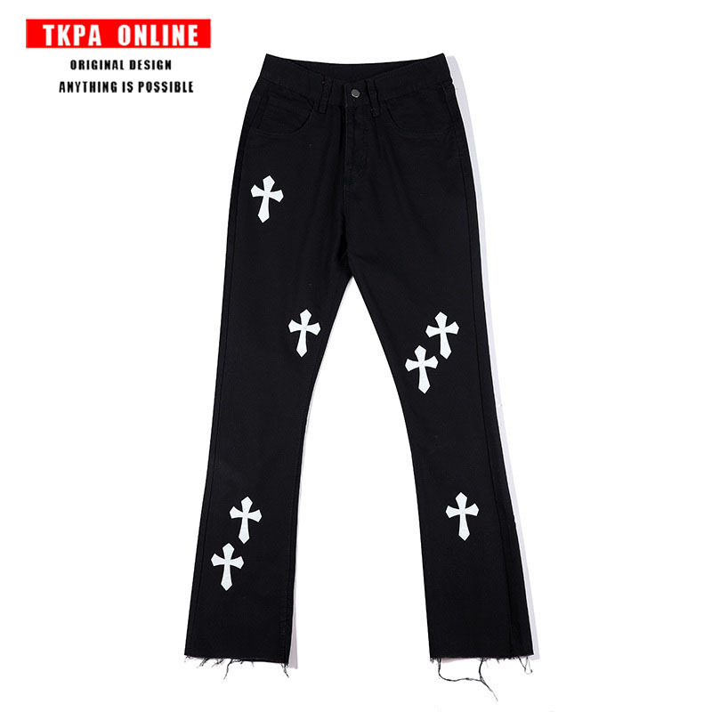 

Men's pants Men's Tkpa High Street Vibe Pants Black and White Cross Embroidery Burr Hiphop Micro Trumpet Jeans Men