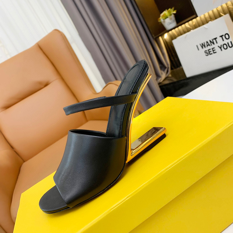 

Newest Sandals Luxury High Quality Strange Heel Ladies Fashion Peep Toe Banquet Real Leather Natural Fur Slippers Women FF Metal Letters Heel shoes Big Size US11, Black