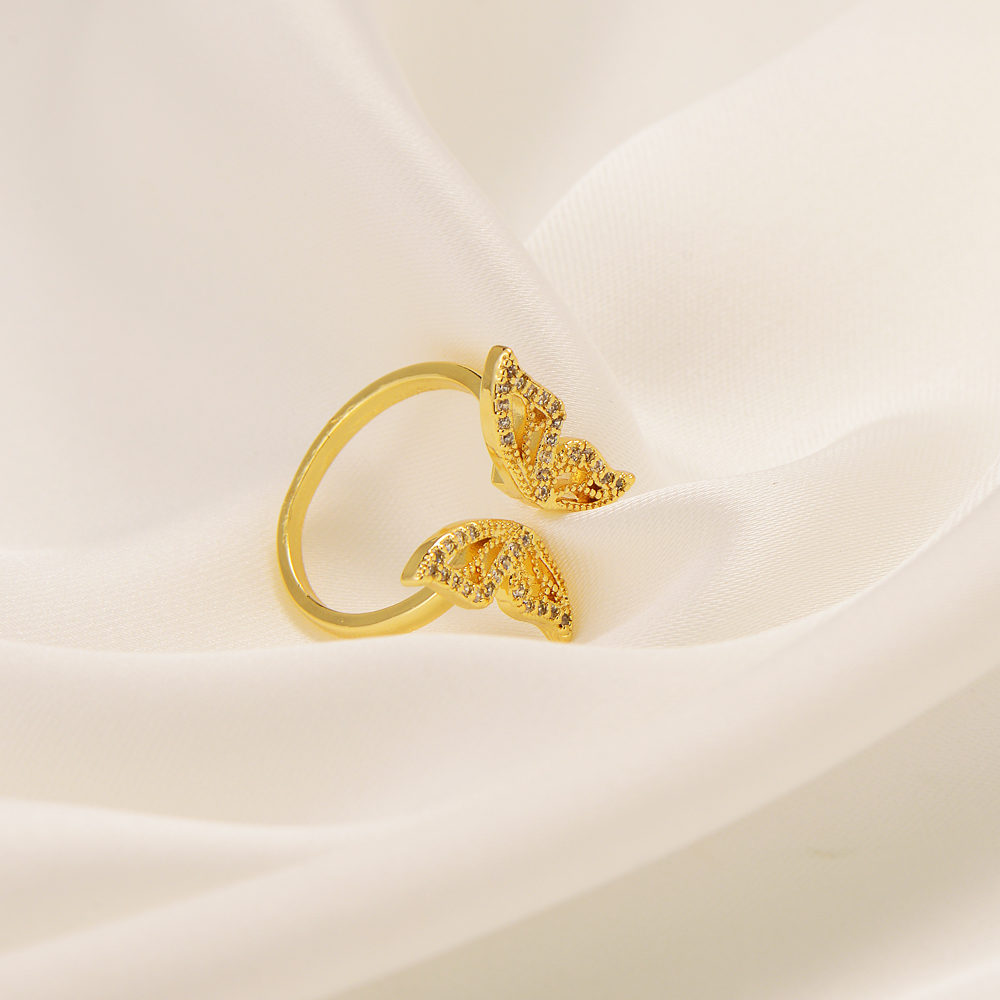 Butterfly Ring With Side Stones 22K Yellow Fine Solid 18ct THAI BAHT G/F Gold White Simulated Diamond Nipple Piercing Over Women Luxury-image-721016780