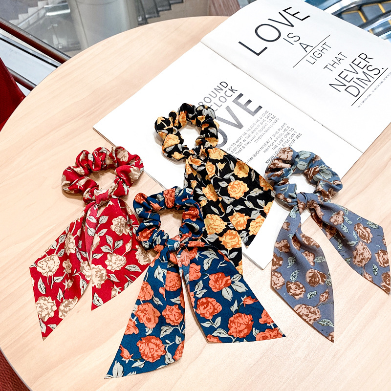 Bows Hair Scrunchies Printed Chiffon Scrunchie Scarf 2 in 1 Vintage Ponytail Holder Hairs Scrunchy Accessories Ropes for Women Lady
