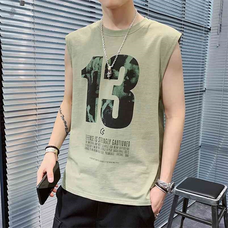 

Men's T-shirt Summer Arrival Short Sleeveless Vest Undershirt Fashion Trend Printed Cotton 210706, Beige