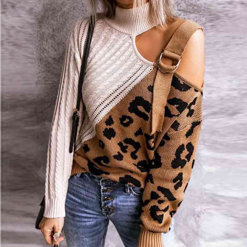 

Off The Shoulder Leopard Sweater Autumn Winter Oversized Knitted Turtleneck Women Jumpers Woman  Pullovers 210603