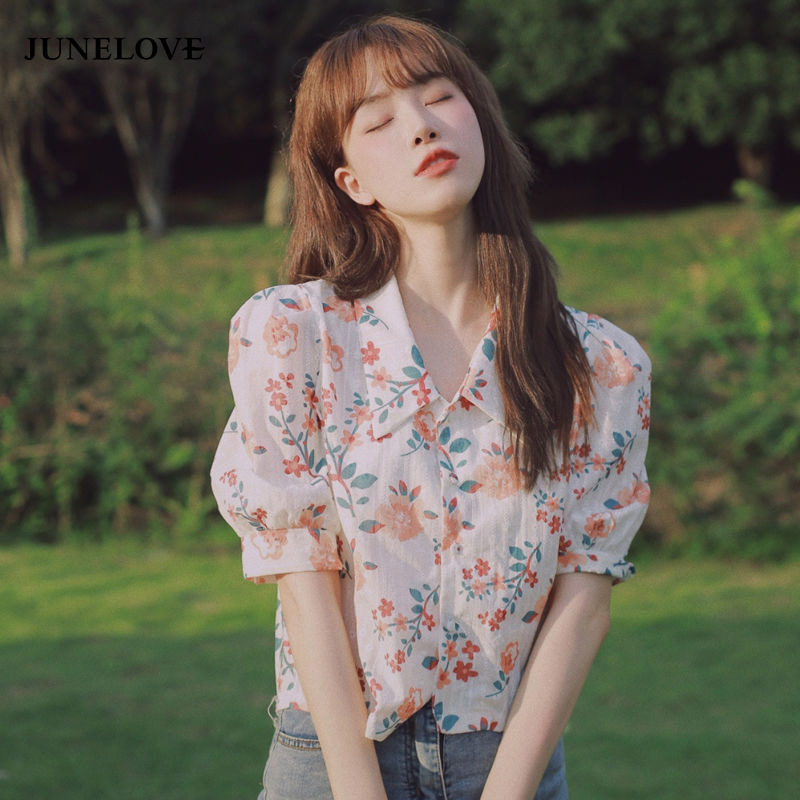 

Tops Casual Women Crop Summer Blouse Female Vintage Chiffon Floral Shirts Puff Sleeve Office Beach 210517, As picture