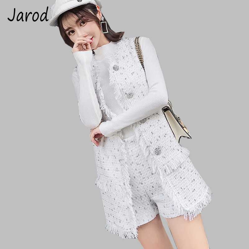 

Autumn Women 2 Piece Set Tweed Tassels Short Diamonds Button Sleeveless Vest Long Jacket Coat + Pant Suit 210526, Picture color