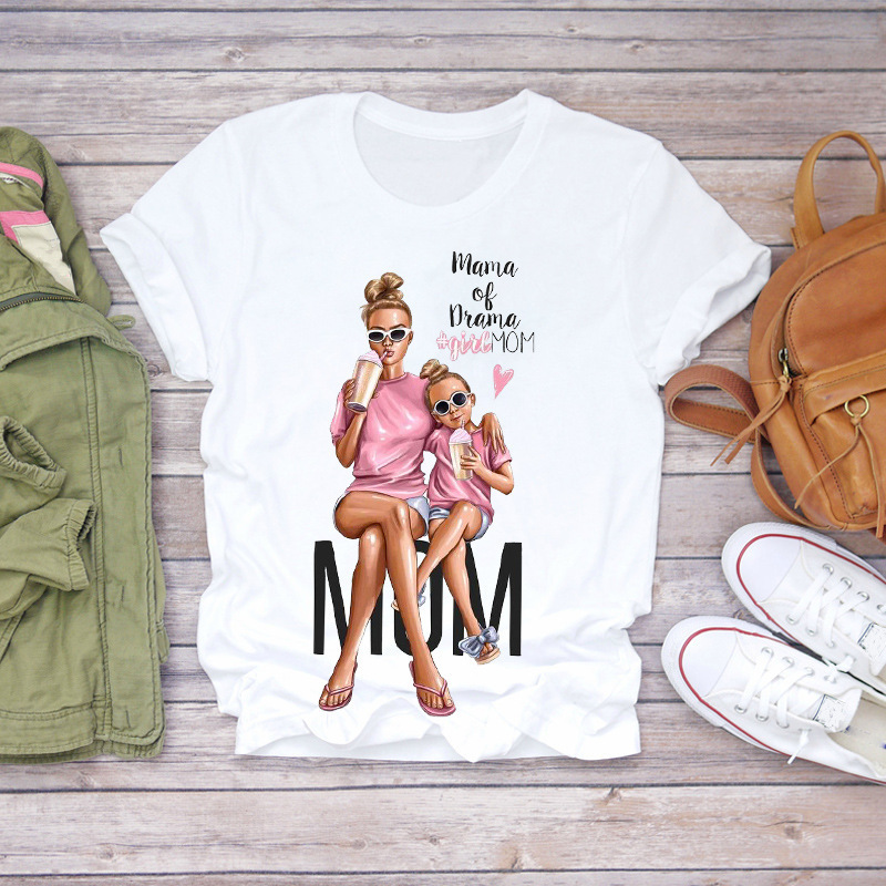

Large size T-shirt European and American mother pattern printed round collar short sleeve white parent-child T-shirt women's short sleeve a generation of women's hair, 01