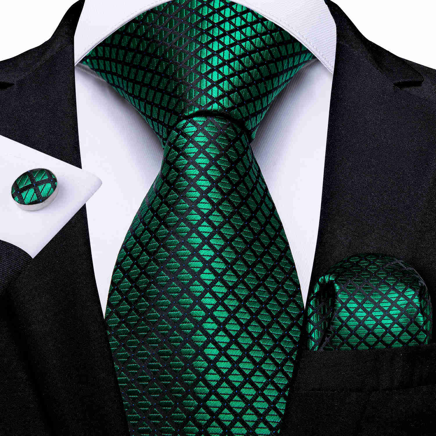 

fashion 8cm Green Black Plaid Men's Tie Set Business Formal Necktie Handkerchief Men's Gift Gravatas Dropshipping DiBanGu H1018