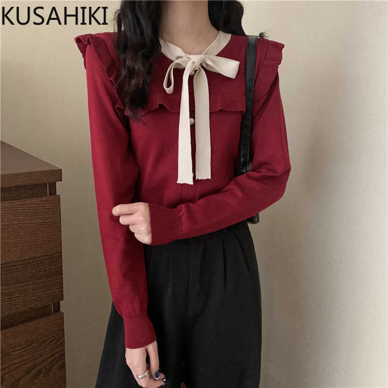 

Sweet Bow Tie V-neck Hit Color Knitwear Korean Ruffle Long Sleeve Elegant Knitted Tops Spring Sweater 6E849 210603, Black