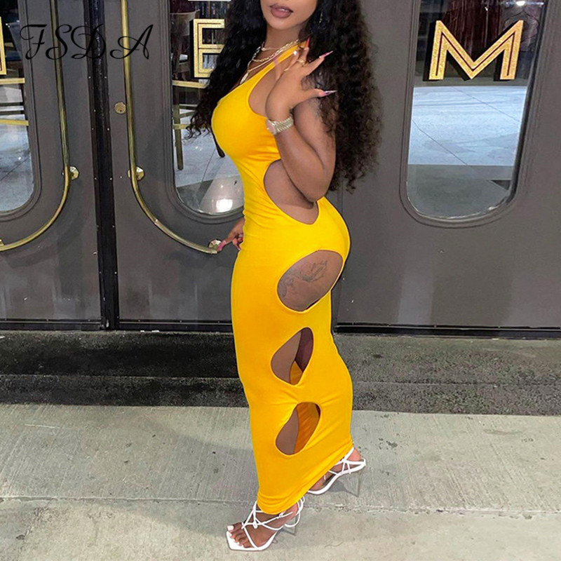 

20212021 hollow out bodycon dress summer black off shoulder y2k sleeveless yellow women beach midi dresses party, Black;gray