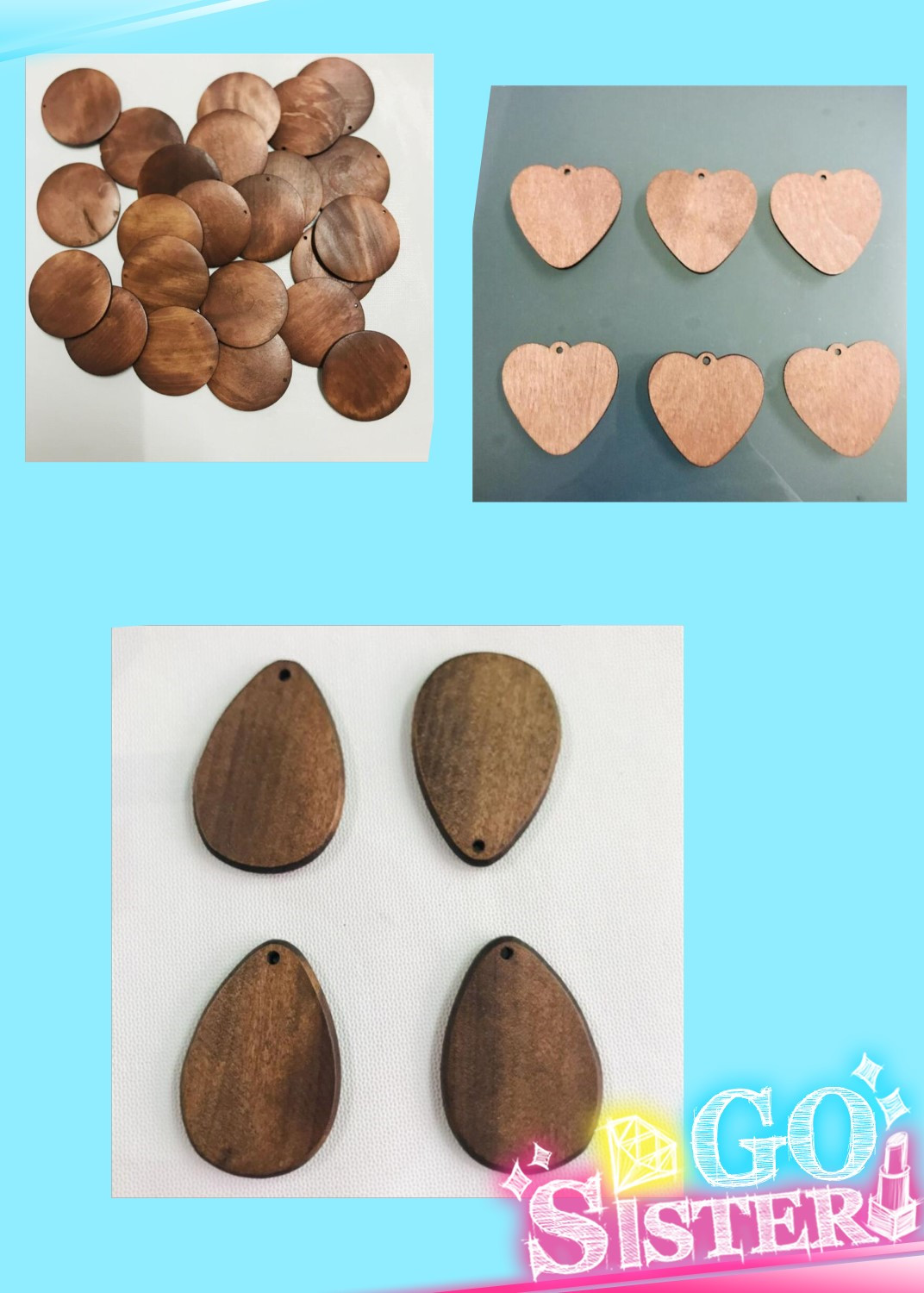 

5cm Water Drop Shape Pendant 4cm Round Wood Chip DIY Beaded Accessories Heart Festival Decor with Hole, Black