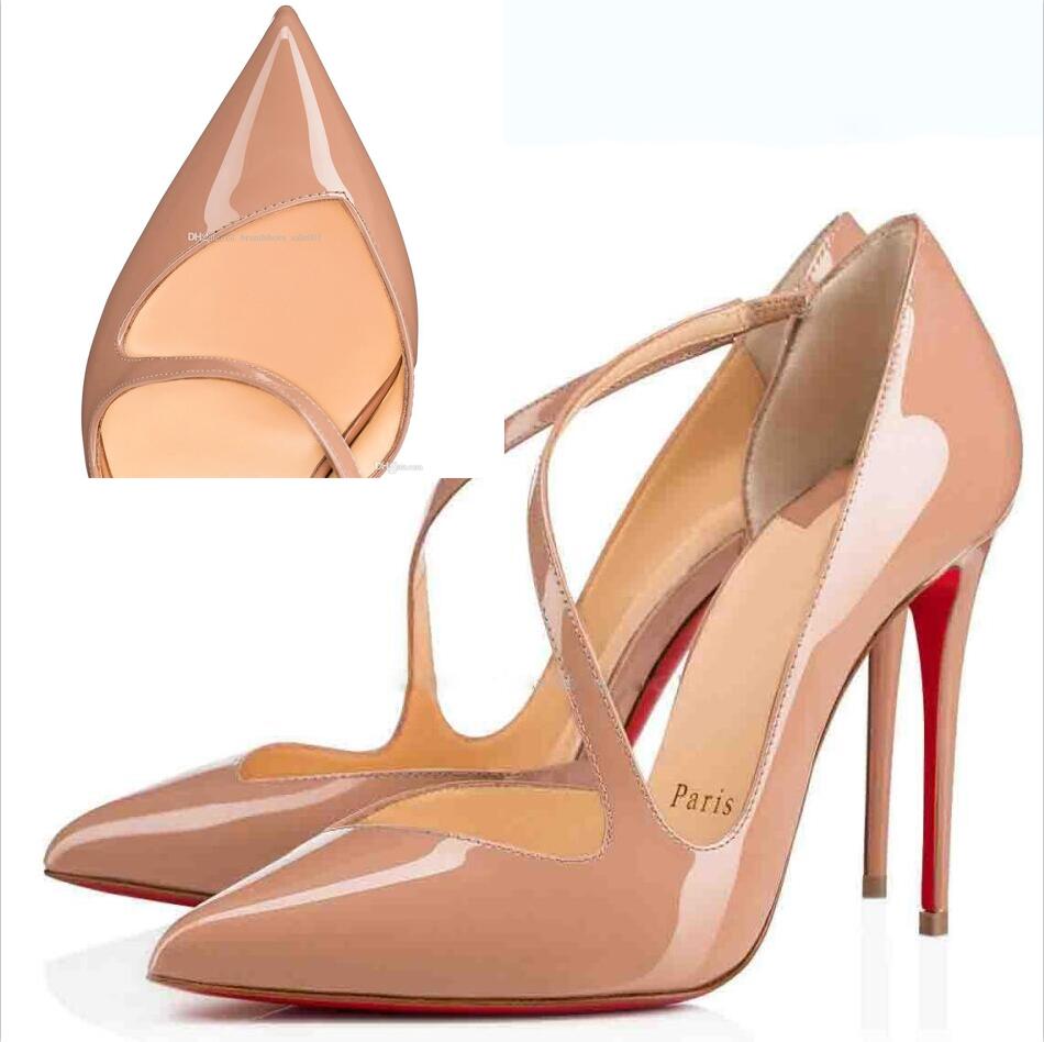 

With Box Designer Super Quality Lady High Heels Red Bottom Shoes Stiletto Heel Jumping Pumps Black/Nude Patent Leather 100mm T-Strap Shoes Size 34-42, White