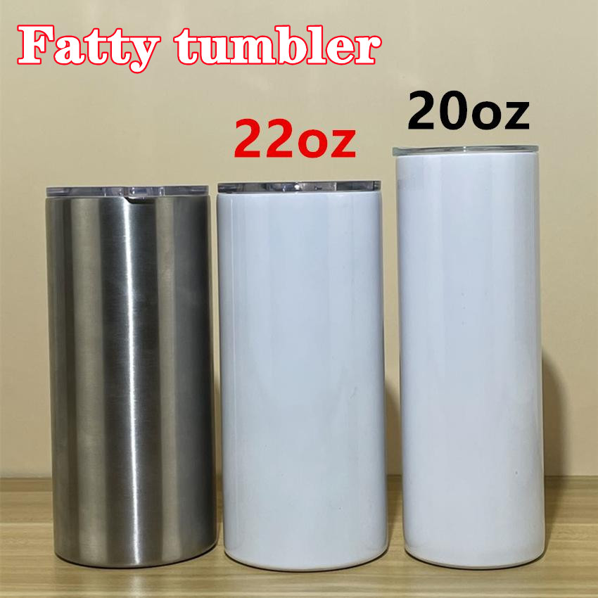 

22oz Sublimation Fatty cups tumblers white Straight stainless steel cup 750ml with slid lid vacuum insulated coffee mug water bottle beer, Stainless steel color
