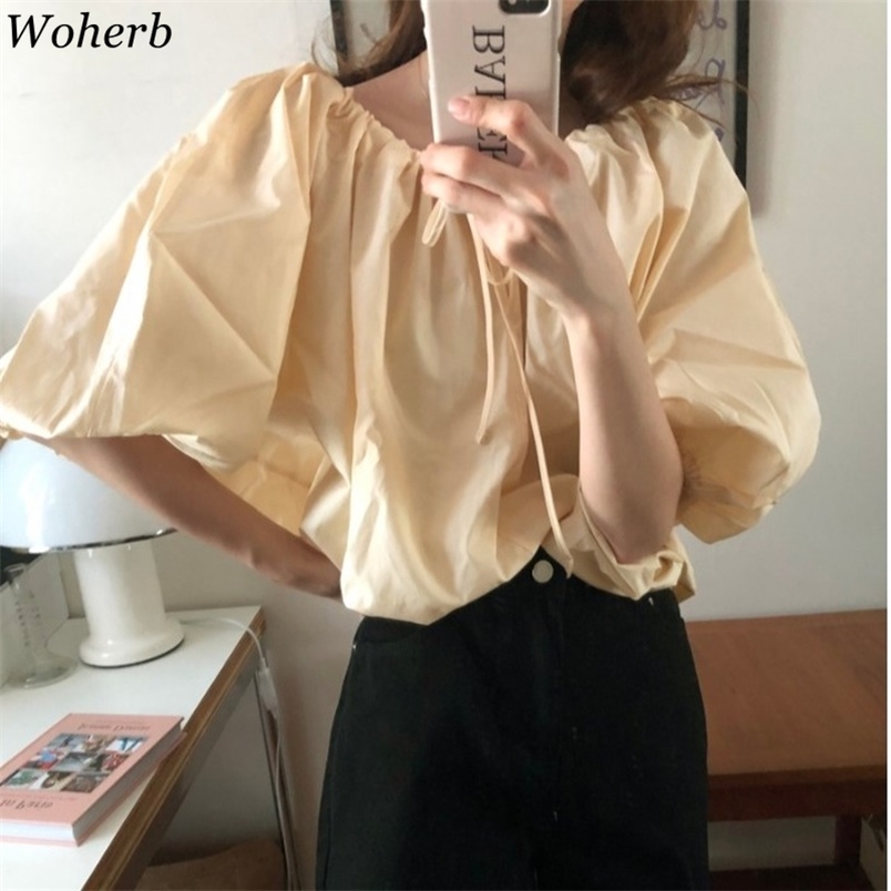 

Vintage Drawstring Pleated Blouse Women Fashion Lantern Sleeve Shirt O-neck Top Loose Style Office Blusas 210519, Beige