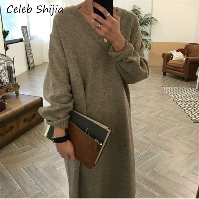 

SHIJIA Korean Chic Loose Thicken Maxi Sweater Dress V Neck Long-sleeve Oversize Keep Warm Knit Female Autumn Winter 211109, Maroon