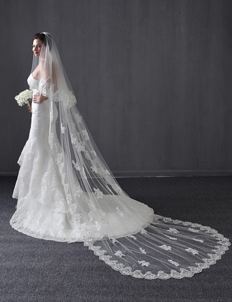 Bridal Veils Long Cathedral Wedding Lace Edge Beading Pearl White Ivory Two Tiers-image-699613635