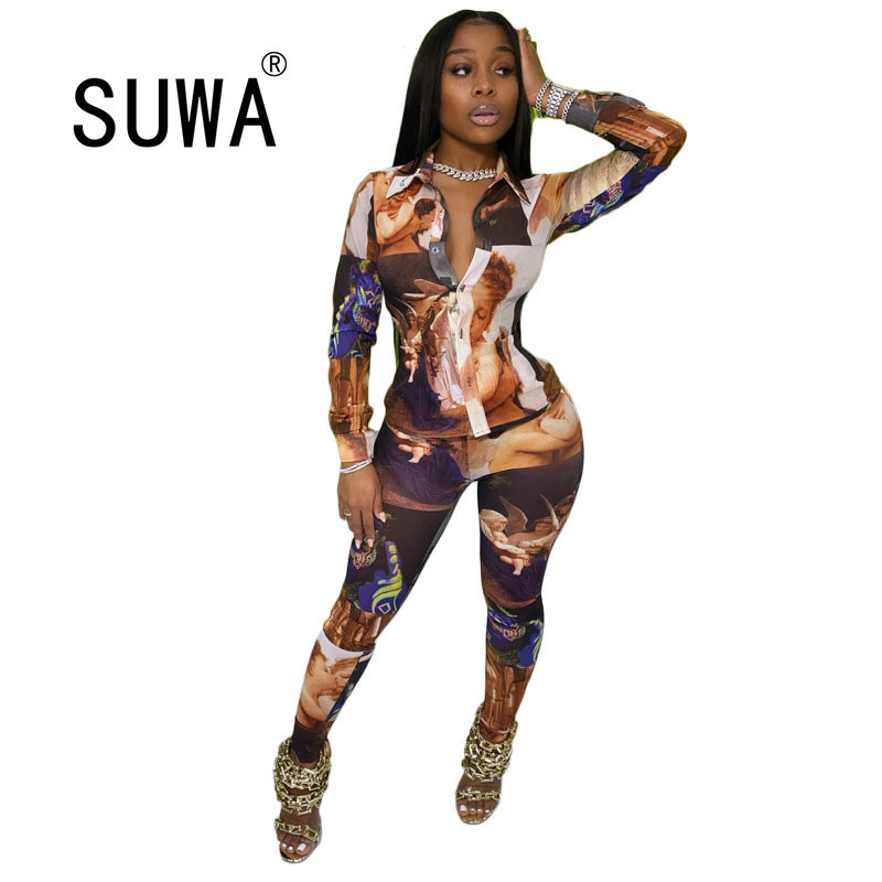 

Casual Print Two Pieces Pant Set Women Button Up Top And Trousers Suits Matching Sets 2 Outfits Wholesale Clothes 210525, Multi