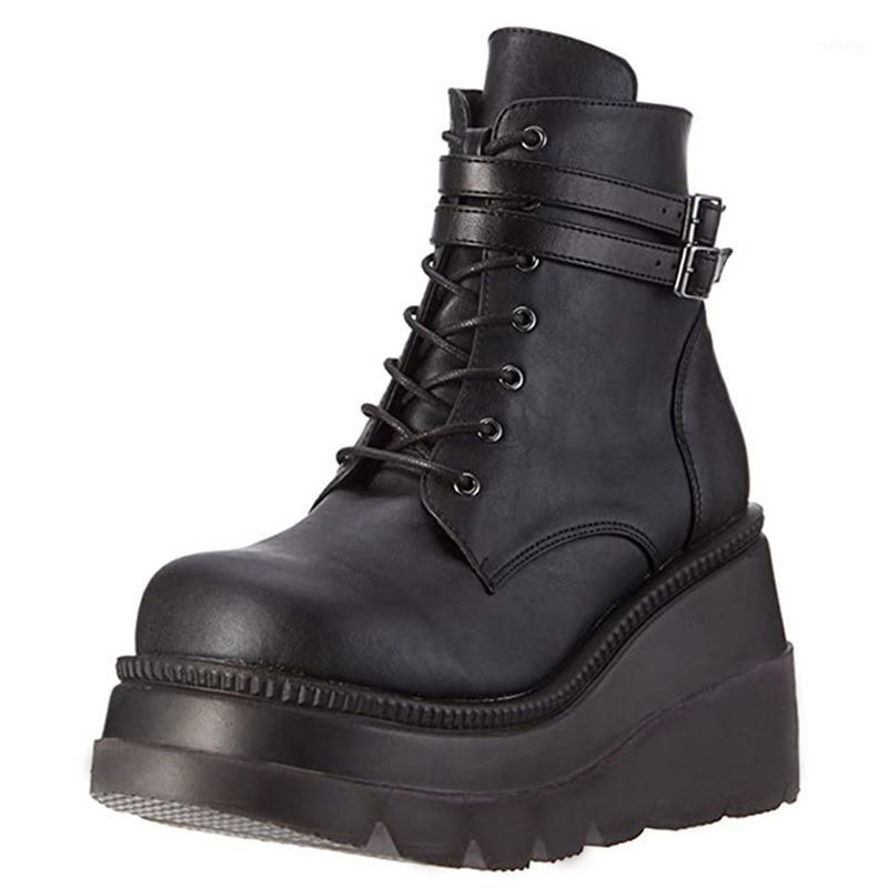 

Boots Women Winter Non-slip Lace Up Buckle PU Leather Shoes Plus Size Mujer Goth Ankle For, Low heel black