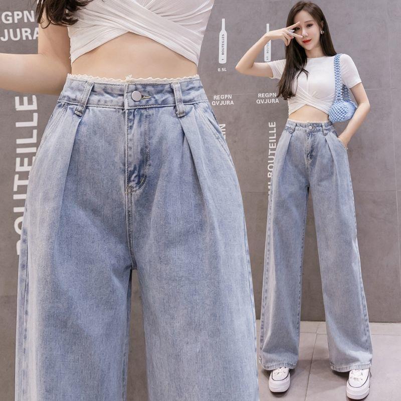 

high waist lace design slim womens jean leisure streetwear commute quality strgight pants mujer, Blue