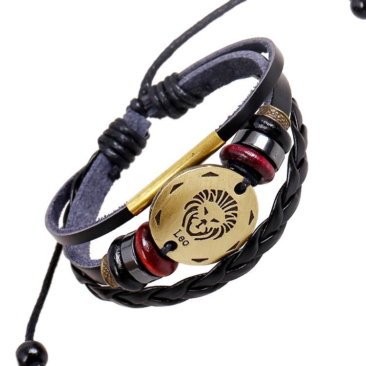 

Beaded, Strands Weave String Of Beads Constellation 2021 Leo Leather Punk Cowhide Bracelet Men Gothic Bracelets For Women, Black