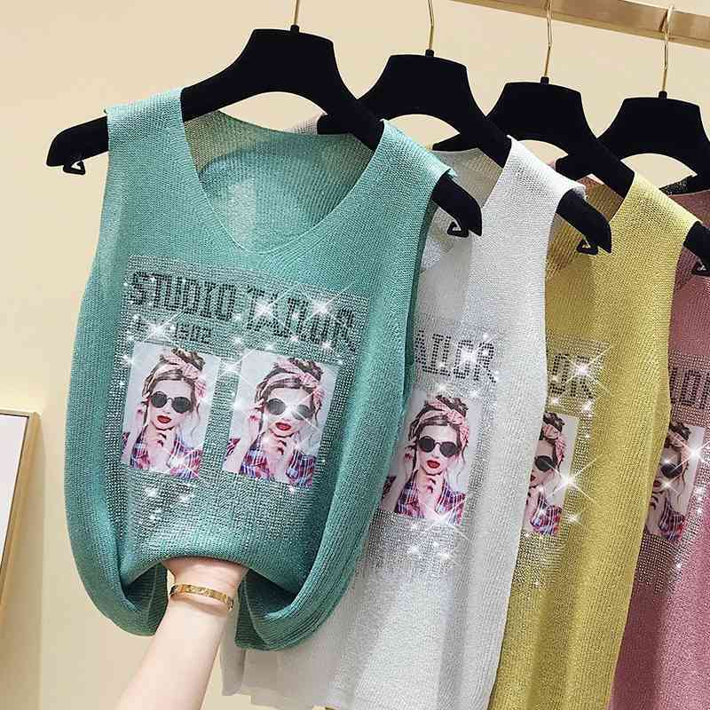 

Diamond Tank Vests Women Top V-neck Solid Fashion Female Sleeveless Casual Thin Tops Pink Green Summer Knit Tee Shirt Femme 210604