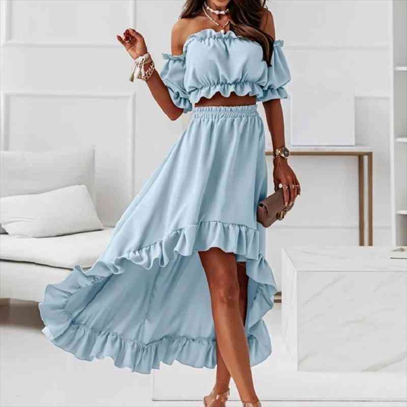 

summer womans skirt sets solid strapless elastic waistless ruffle short puff sleeve skirt casual party two-piece suit, Gray