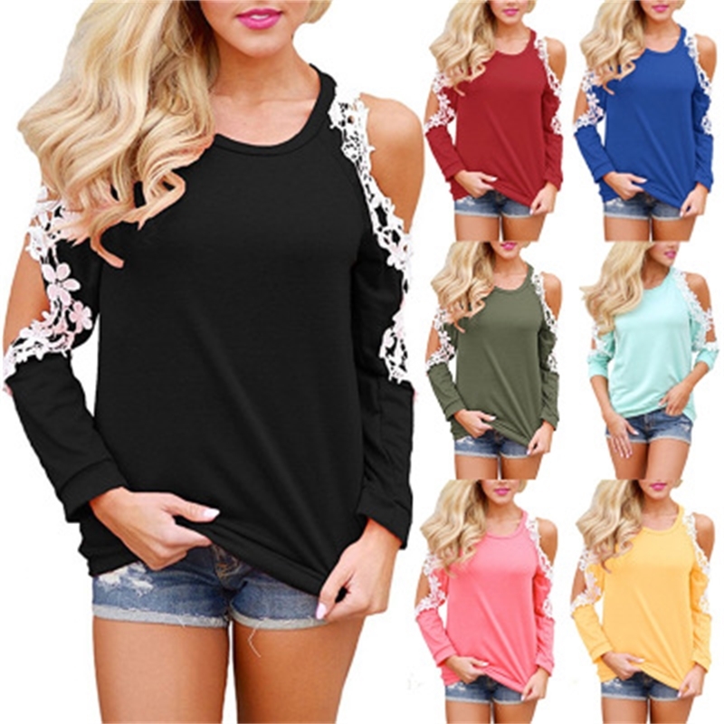 

t-shirt women off shoulder lace patchwork t-shirt long sleeve hollow out tees round neck casual shirts women clothing yfa1086, White