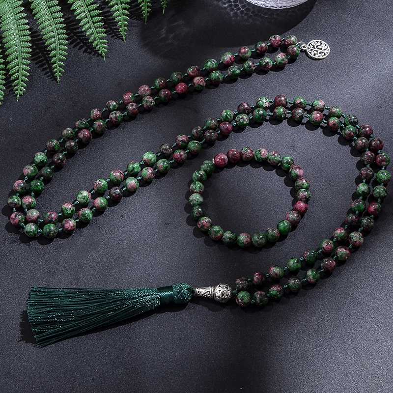 

Pendant Necklaces 8mm African Turquoise Japamala Necklace Set 108 Beaded Meditation Yoga Jewelry Men And Women Rosary Tree Of Life, Silver