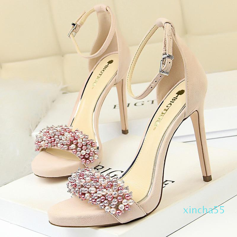 

Dress Shoes Pearl Rhinestones Super High Heels Suede Women Sexy Party Summer Sandals Stiletto Pumps, Pink