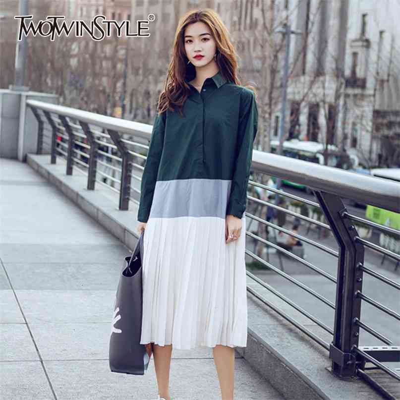 

Casual Patchwork Dress Female Lapel Collar Long Sleeve High Waist Midi Pleated Dresses Women Fashion Clothing 210520, Green