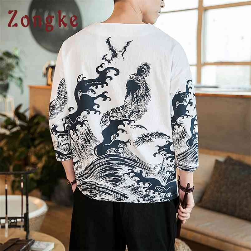 

Zongke Chinese Style Linen T Shirt Men shirt -Shirt Harajuku Funny Shirts Half Sleeve Clothes Summer op 5XL 210721, Black