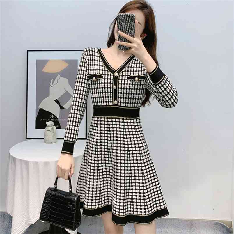 

Autumn Women Korean Fashion Sexy V-Neck Long Sleeve Plaid Knitted Sweater Casual Slim Dresses Vestidos 210519, Picture color