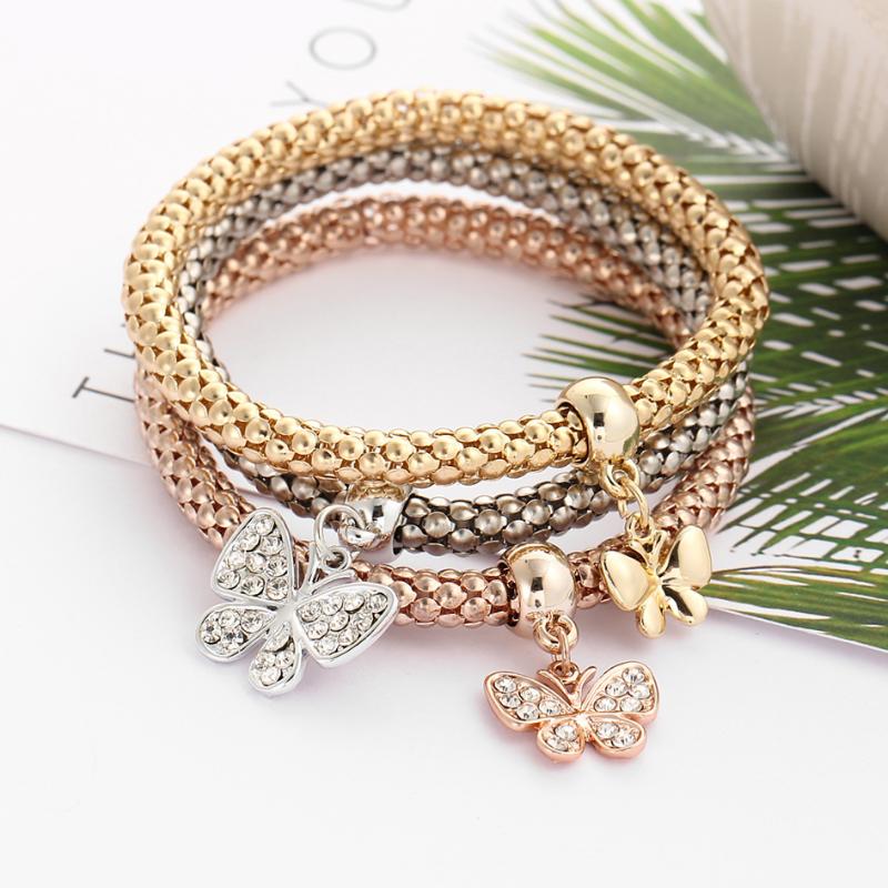 

Charm Bracelets 3 Pcs/Set Crystal Butterf Heart &Amp; Bangles Gold Alloy Elephant Anchor Pendants Rhinestone For Women, Golden;silver