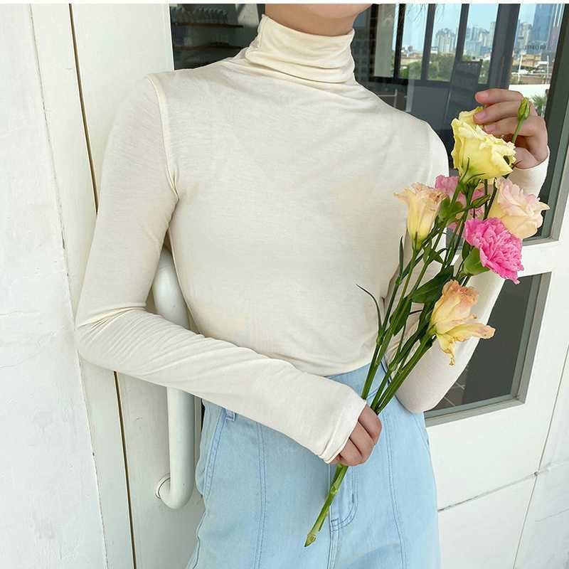

Women Long Sleeve Loose Solid Turtleneck Bottoming Shirt Female Spring/autumn High Collars with Elastic Modale T-shirt 210607, Blue