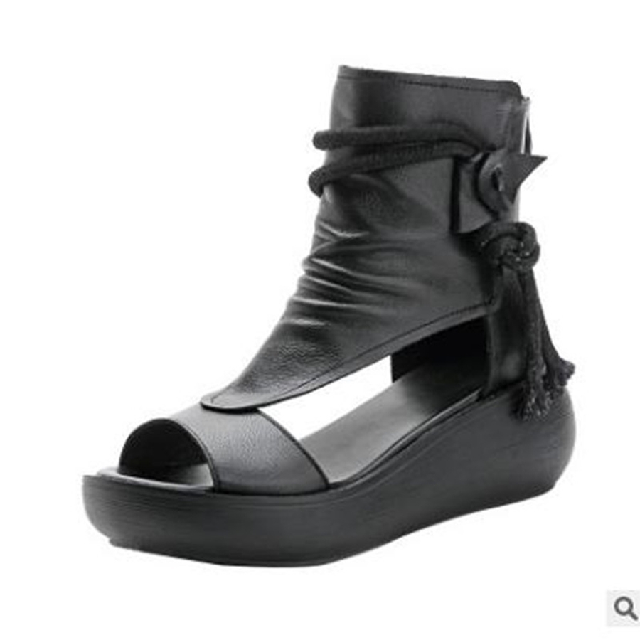 

New Women Sandals Genuine Leather Summer Shoes Rome Wedges Platform Thick Bottomed Breathable Comfortable Women Sandals wenshet, Black
