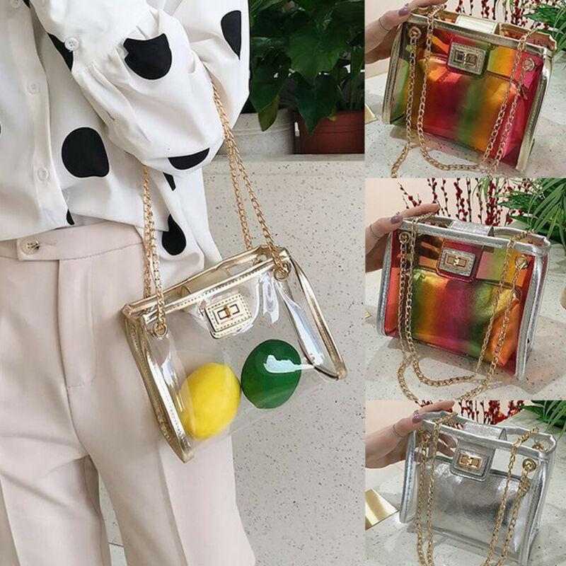 

Shoulder Bags Women's PVC Iridescent Gammaray Bag Clear Transparent Tote Chain Handbag Purse