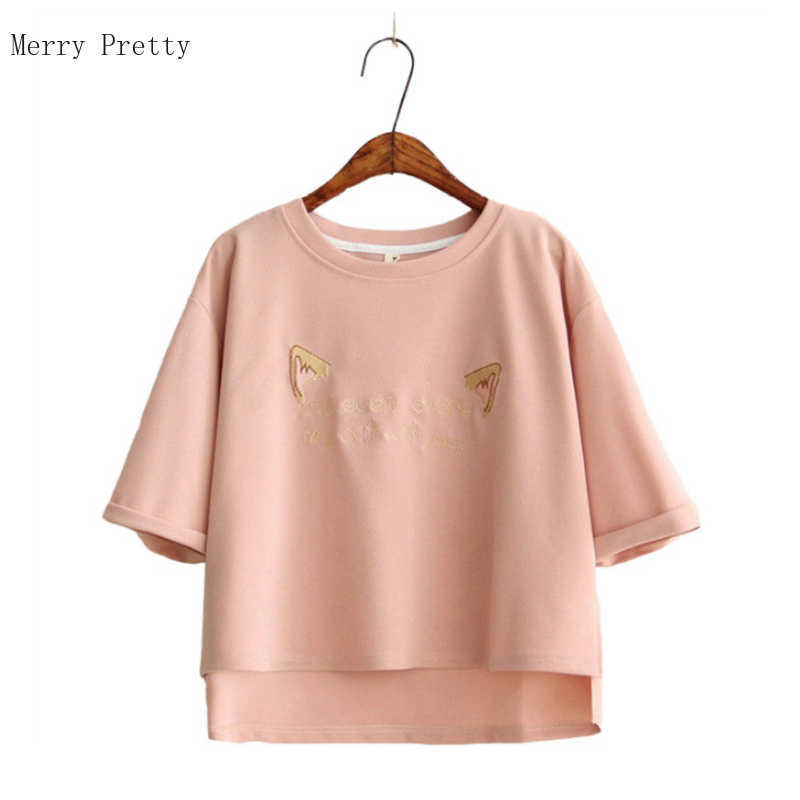 

MERRY PRETTY Summer Fashion T-shirt Women Casual Short Sleeve Tee Tops Letter embroidery Tshirt Female Chiffon Cute T Shirts 210526, Pink