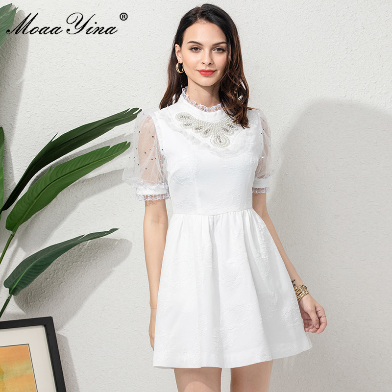 

Fashion Designer Summer Short White Dress Women's Stand collar Gorgeous Beading Elegant Party Mini Vestidos 210524