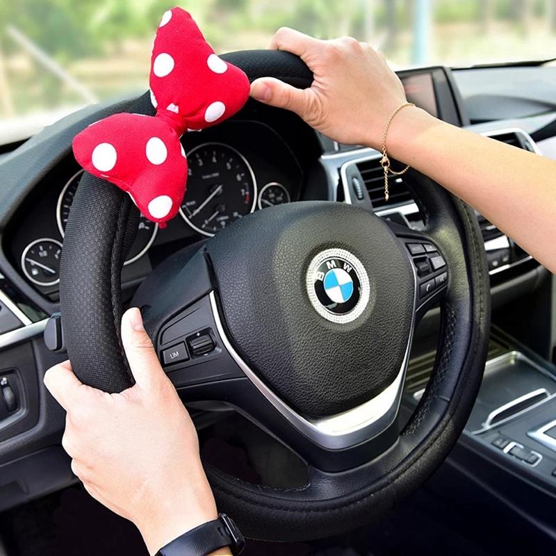 

Steering Wheel Covers Tissue Box Storage For Girls Women Car-mounted Ice Silk Head Pillow Waist Support Bowknot Cover Seatbelt