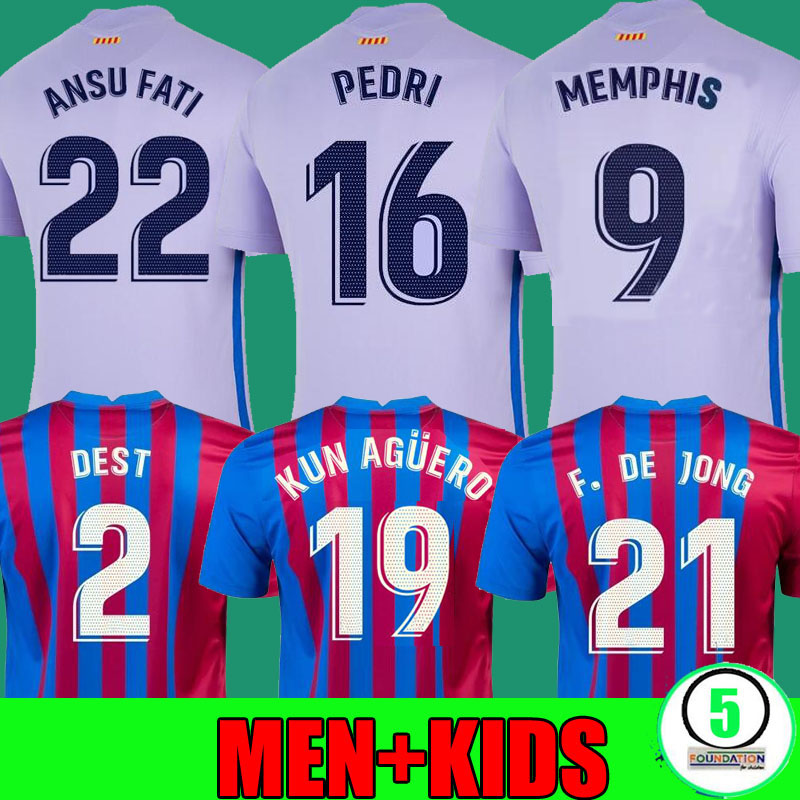 

21 22 Barcelona soccer jersey MEMPHIS Camisetas de football shirt MESSI BARCA KUN AGUERO ANSU FATI 2021 2022 GRIEZMANN F.DE JONG DEST men + kids kit sets socks LONG SLEEVE, Away player version