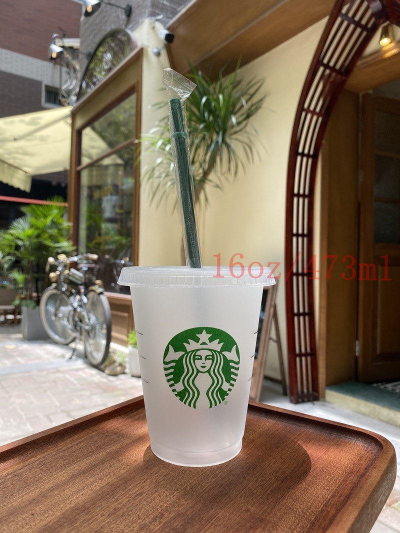 

new Quality Starbucks 16 oz /473ml plastic cups reusable transparent flat cup with column lid sippie cup Bardian 5pcs Mug, Picture