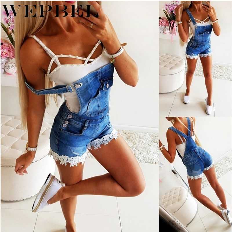 

WEPBEL Women Lace Patchwork Denim Short Pants with Pocket Ladies Short Bib Jeans Vintage Denim Shorts H0908, Dark blue