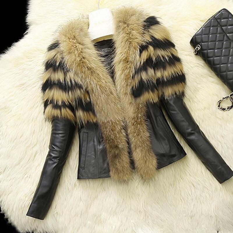 

Women's Fur & Faux 2021 Autumn Winter Raccoon Dog Coat Jacket Female Slim Fit PU Leather Coats Fluffy Luxury Outerwear Plus Size, Black