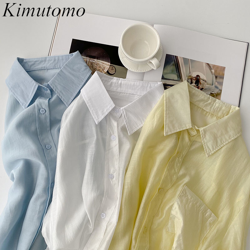 

Kimutomo Solid Color Shirt Summer Women's Korean Simple Blouse Female Turn Down Collar Long Sleeve Top Fashion 210521, Blue